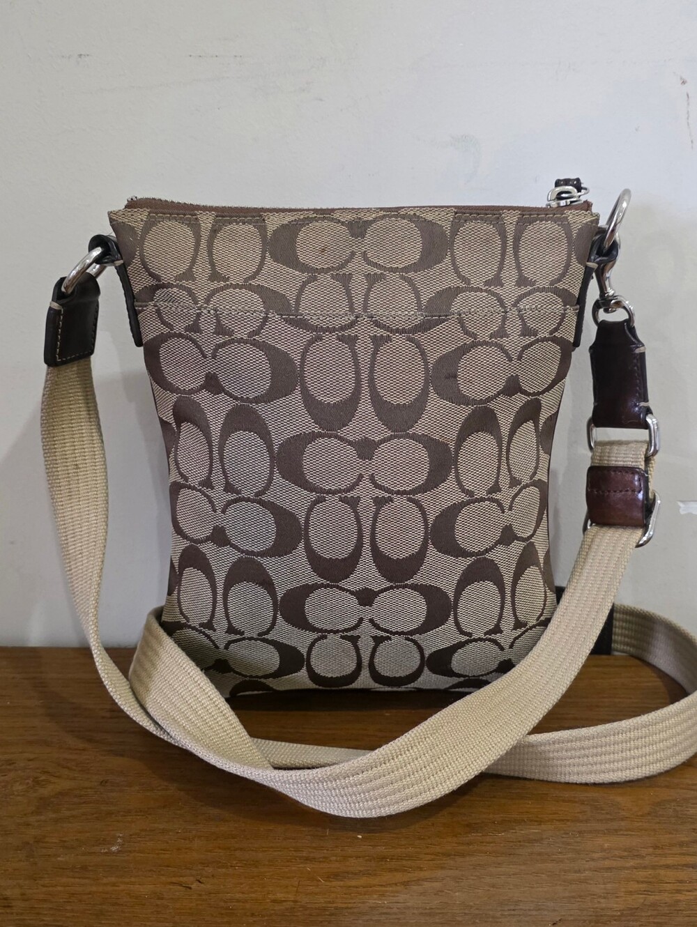 Coach Signature Jacquard Brown/Tan leather Crossbody bag - Picture 8 of 11